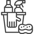 icon cleaning bottle and spray in bucket with glove and sponge
